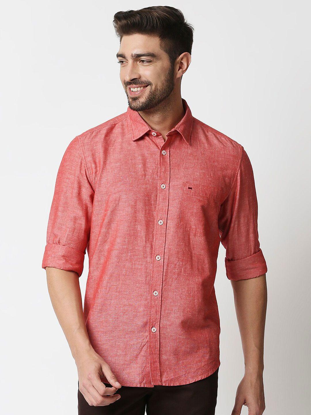 basics men peach-coloured solid slim fit cotton linen casual shirt