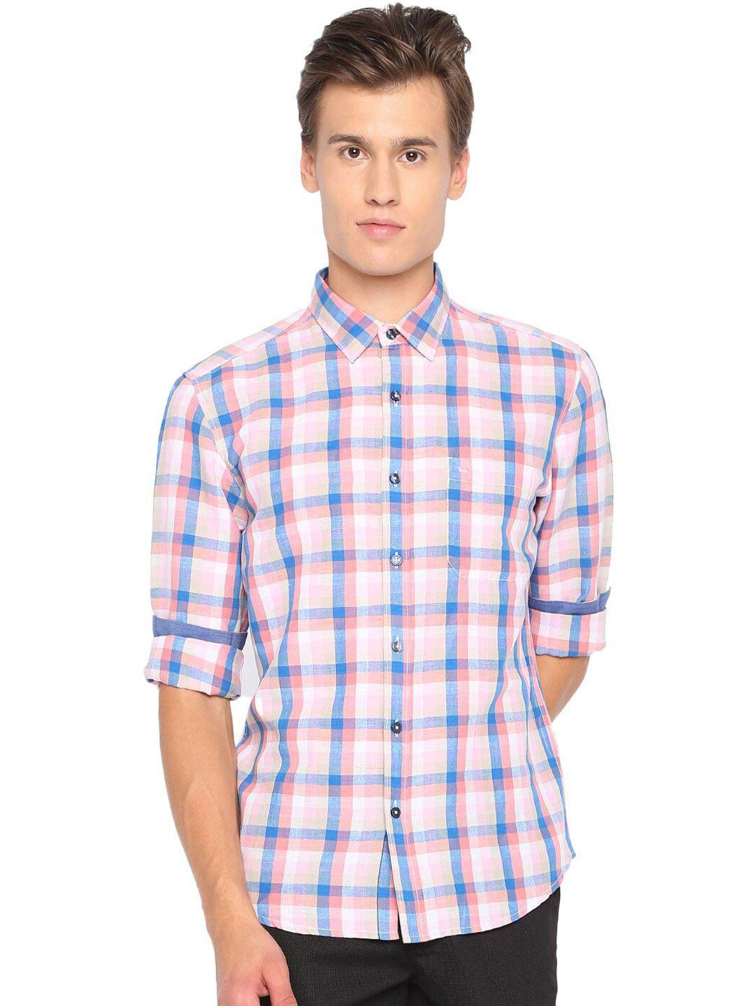 basics men pink slim fit checked casual shirt