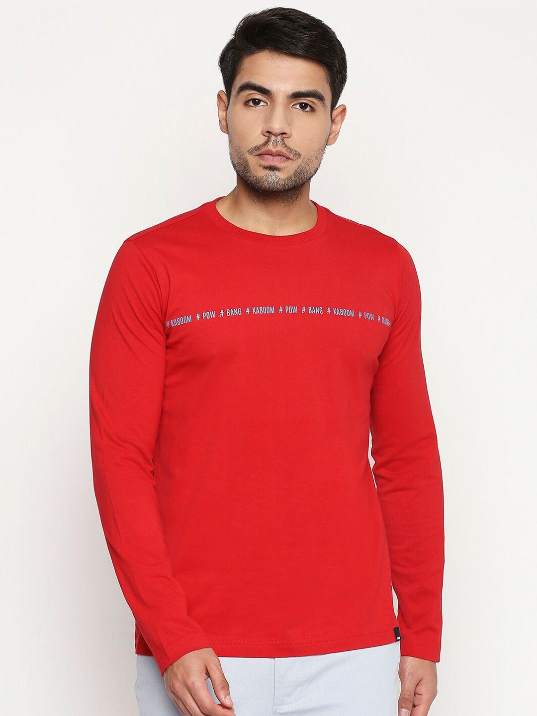 basics men red & permanent geranium lake typography round neck slim fit t-shirt