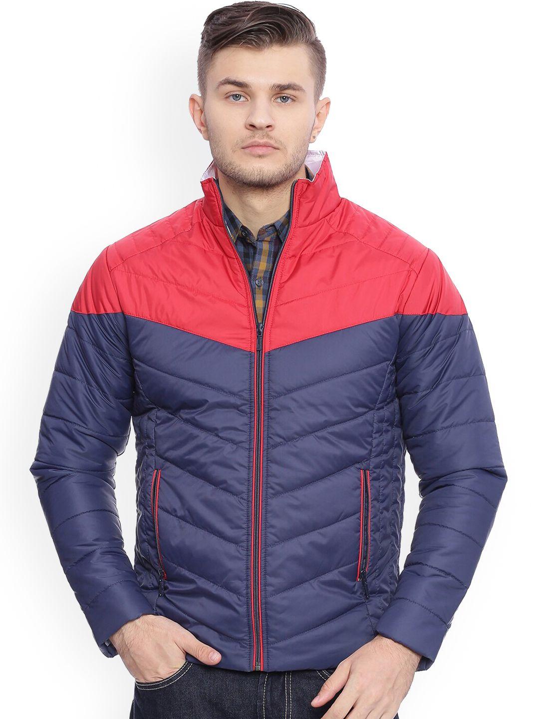 basics men red navy blue colourblocked puffer jacket