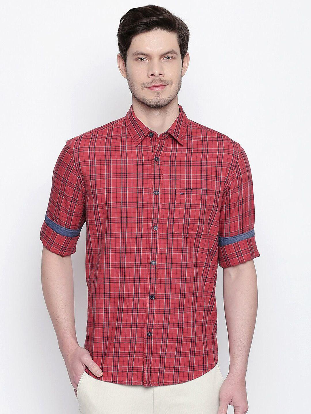 basics men red slim fit tartan checks checked casual shirt