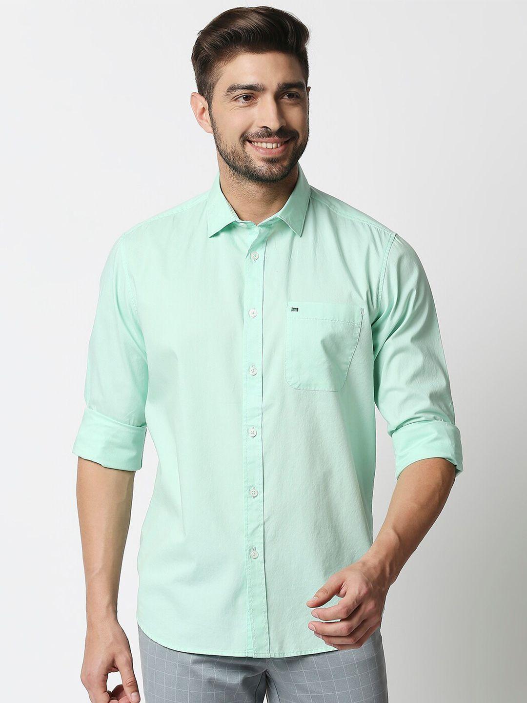 basics men sea green solid slim fit cotton casual shirt
