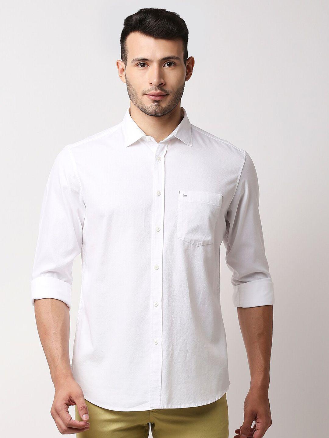 basics men solid white cotton slim fit casual shirt