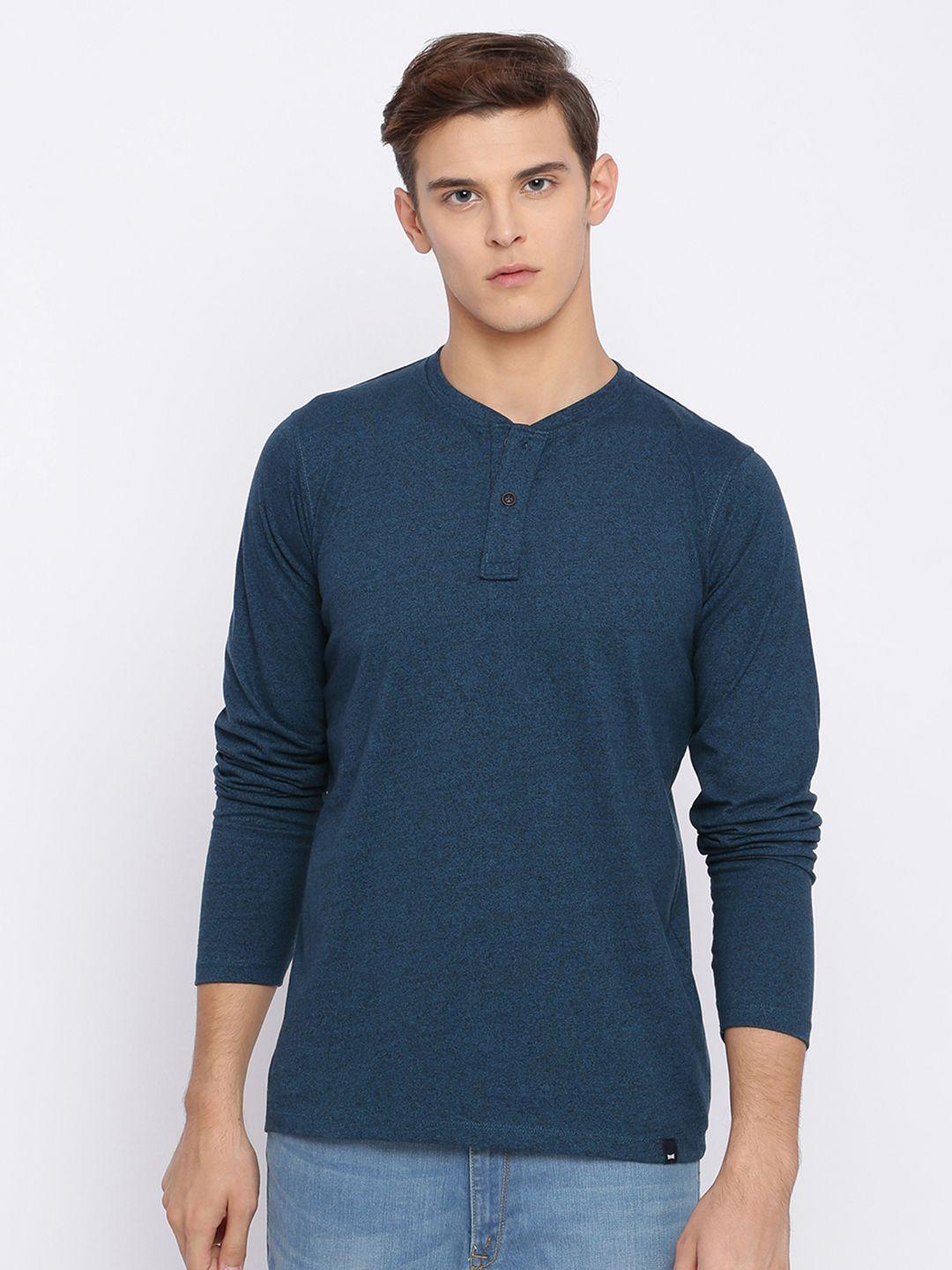 basics men teal blue solid henley neck t-shirt