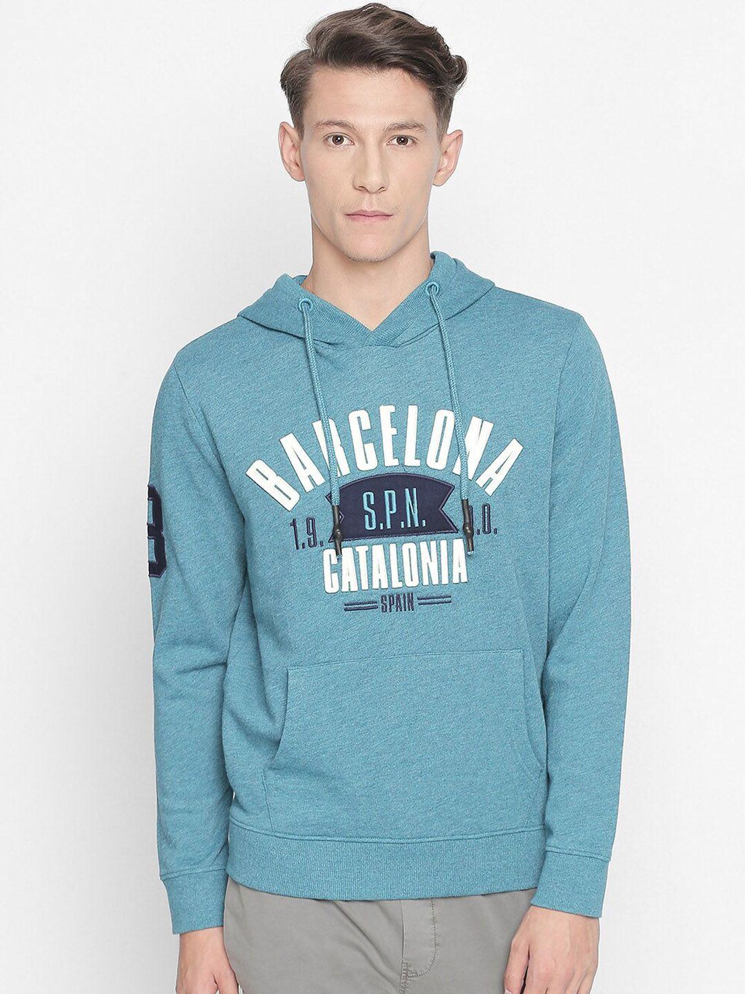 basics men turquoise blue printed hooded sweatshirt