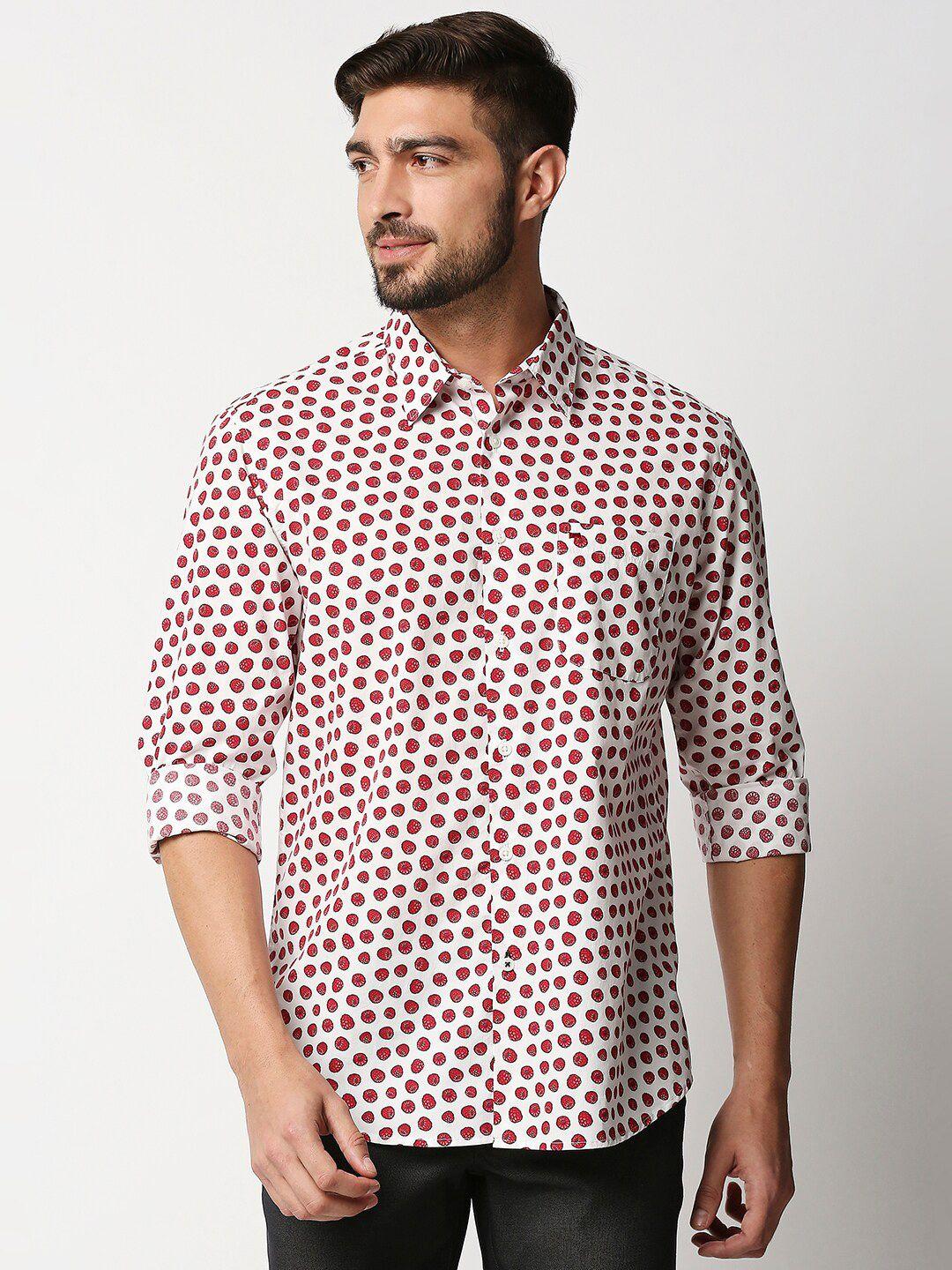 basics men white & red slim fit ditsy conversational printed cotton casual shirt