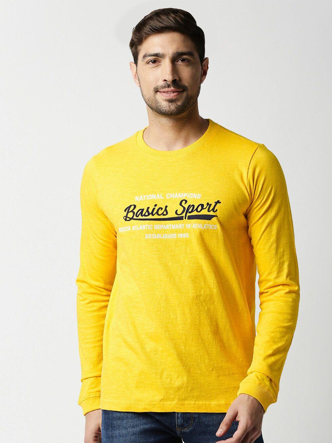 basics men yellow & black typography printed slim fit cotton t-shirt