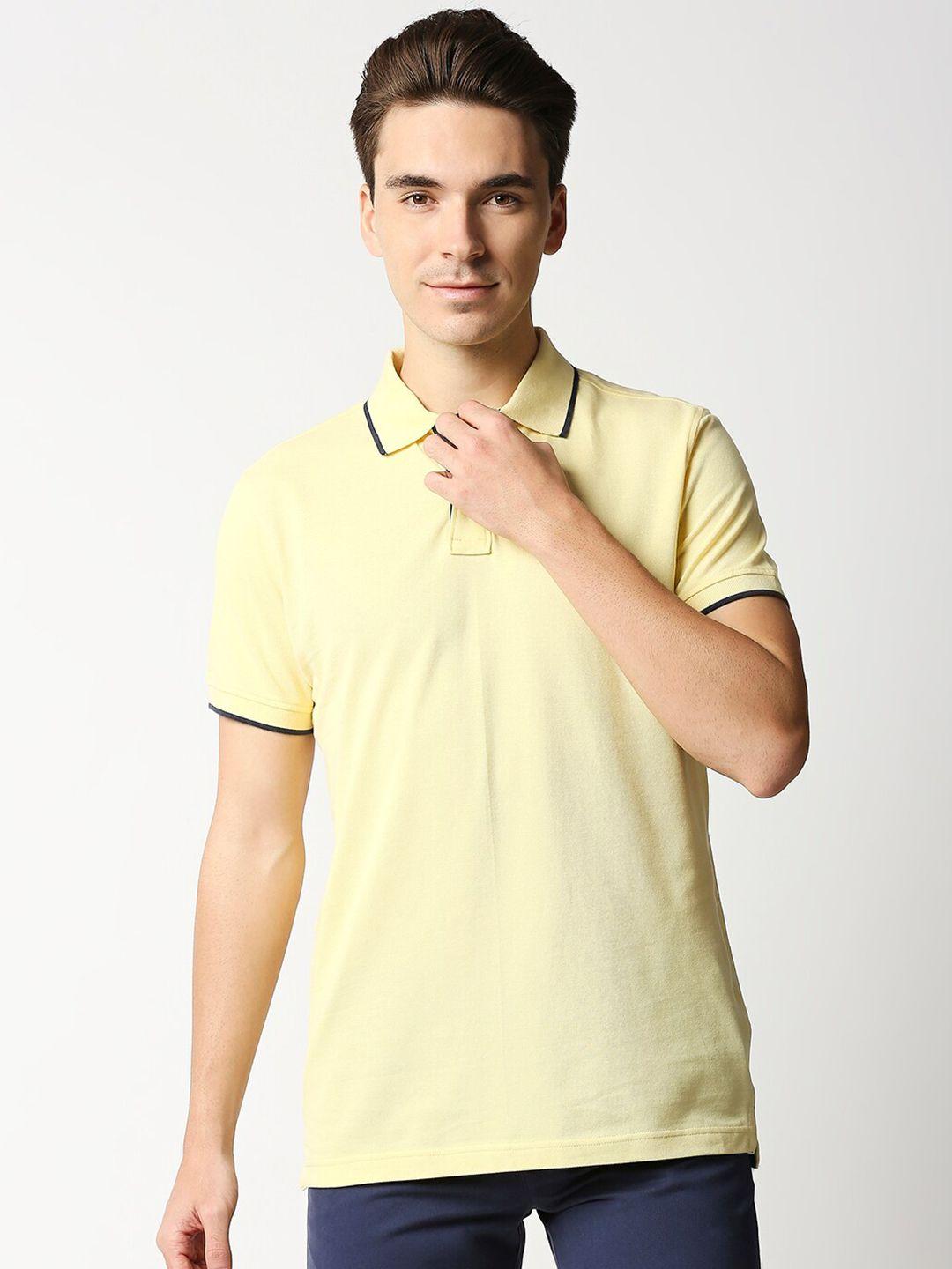 basics men yellow polo collar applique slim fit pure cotton t-shirt