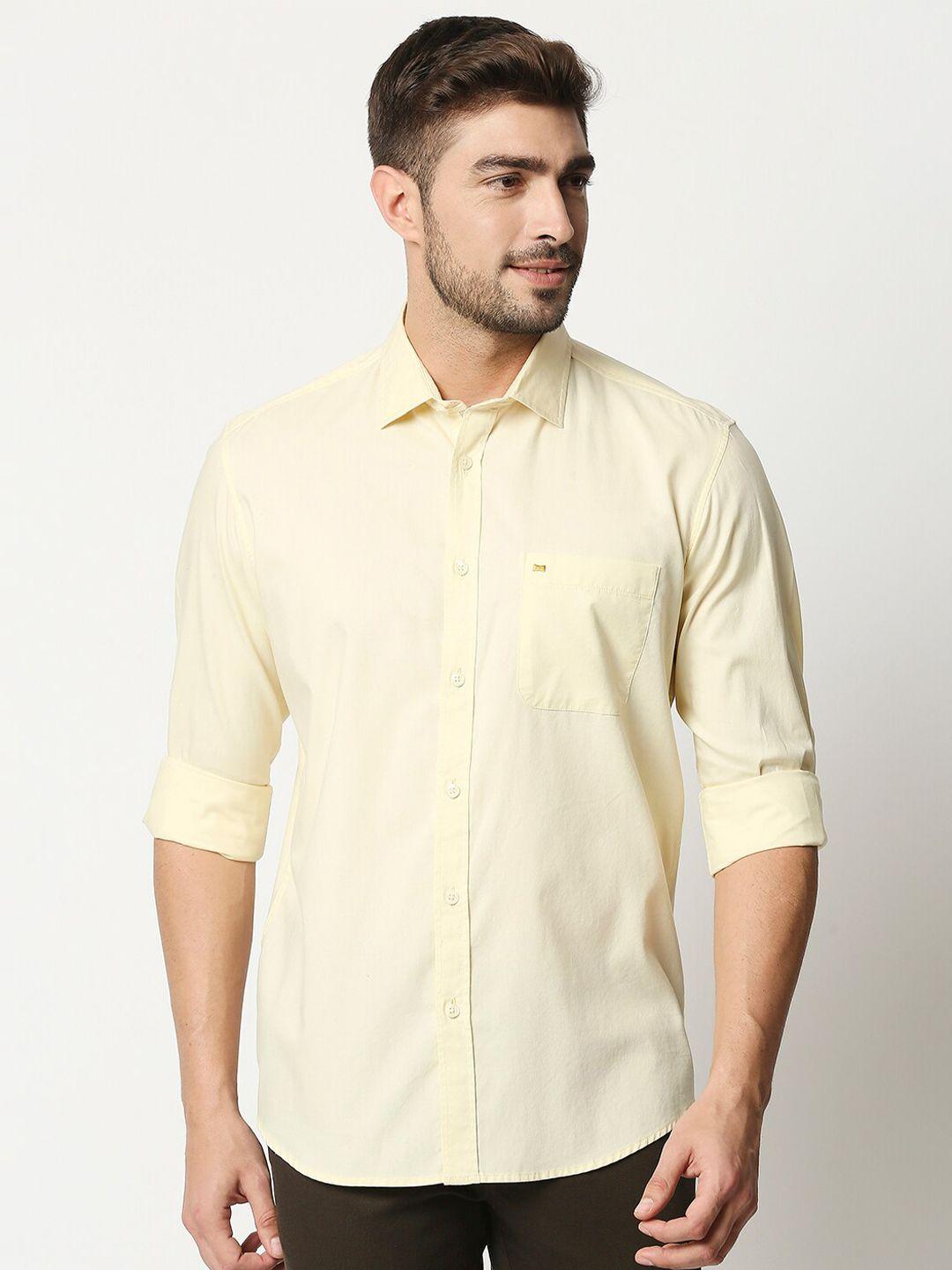 basics men yellow slim fit cotton casual shirt