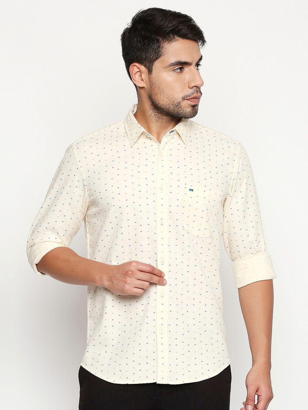 basics men yellow slim fit printed casual shirt