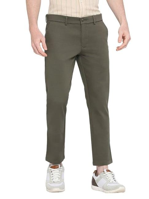 basics mid green cotton tapered fit trousers