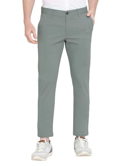 basics mid green cotton tapered fit trousers