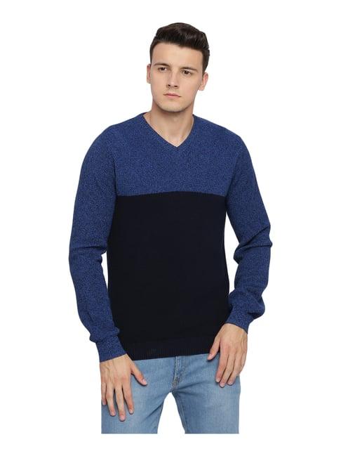 basics navy & black cotton slim fit colour block sweater
