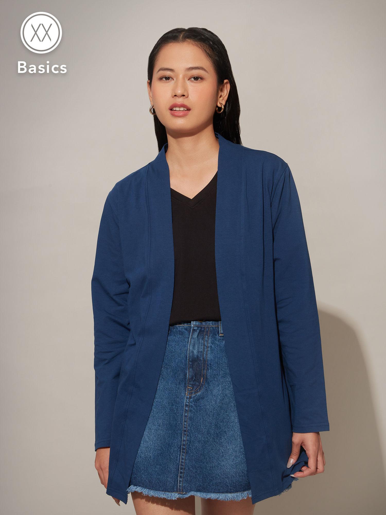 basics navy blue solid front open longline shrug