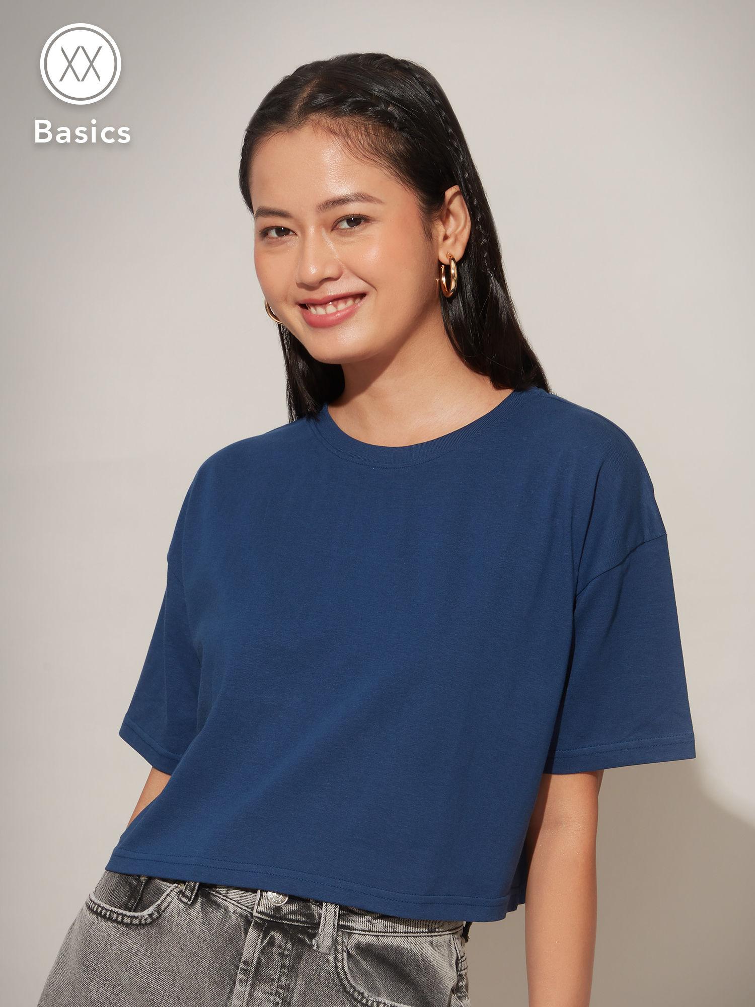 basics navy blue solid round neck loose crop t-shirt