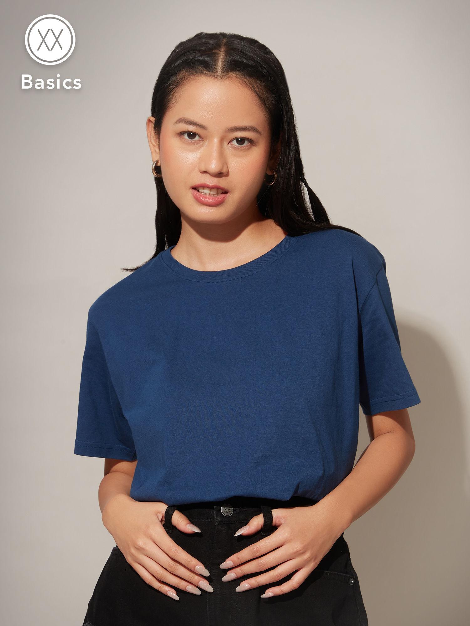 basics navy blue solid round neck t-shirt