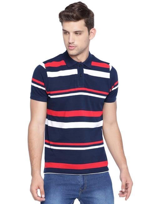 basics navy cotton slim fit striped polo t-shirt
