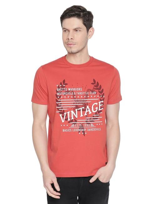 basics orange cotton slim fit printed t-shirt