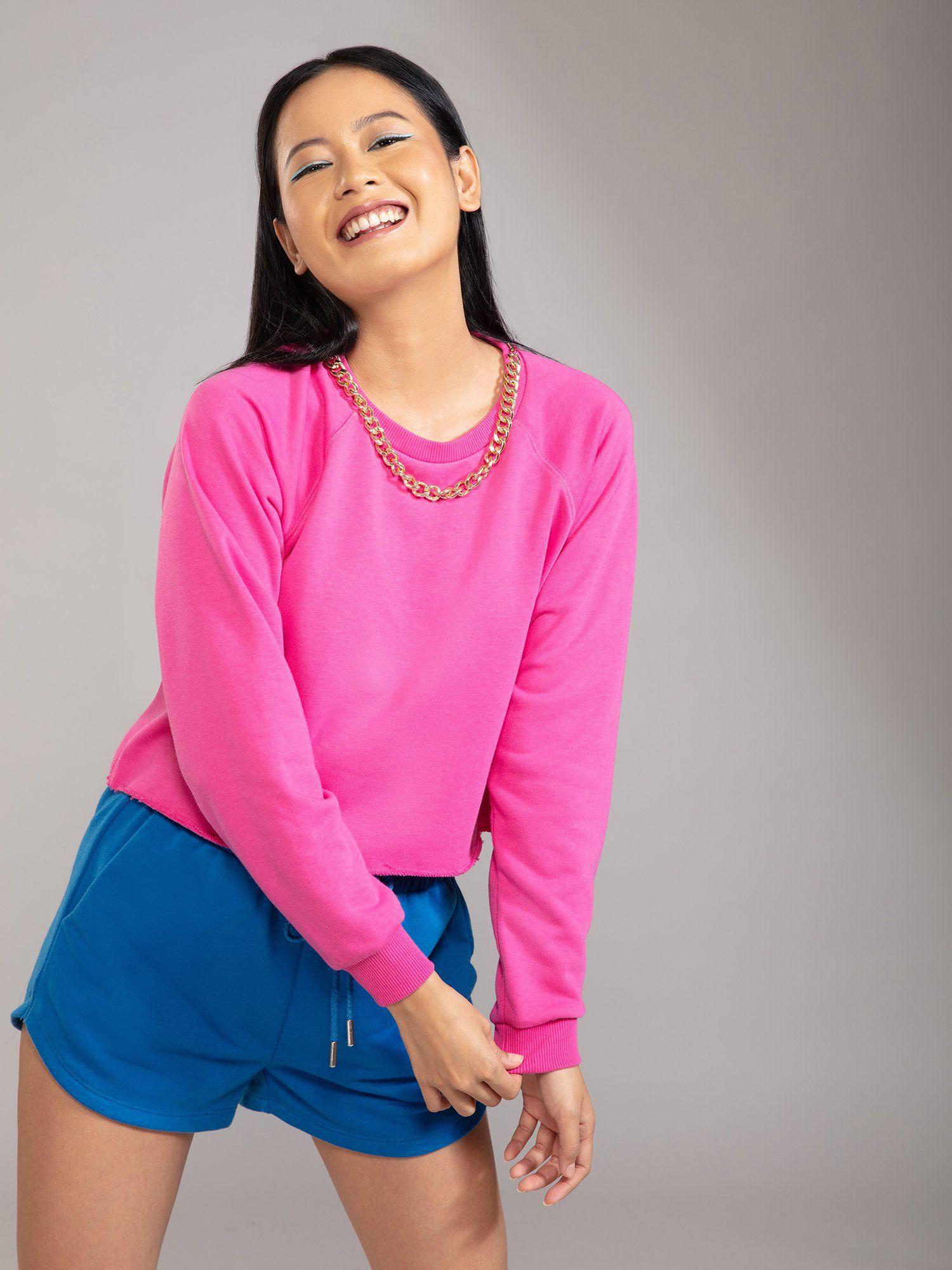 basics pink solid crew neck chain embellishment sweatshirt