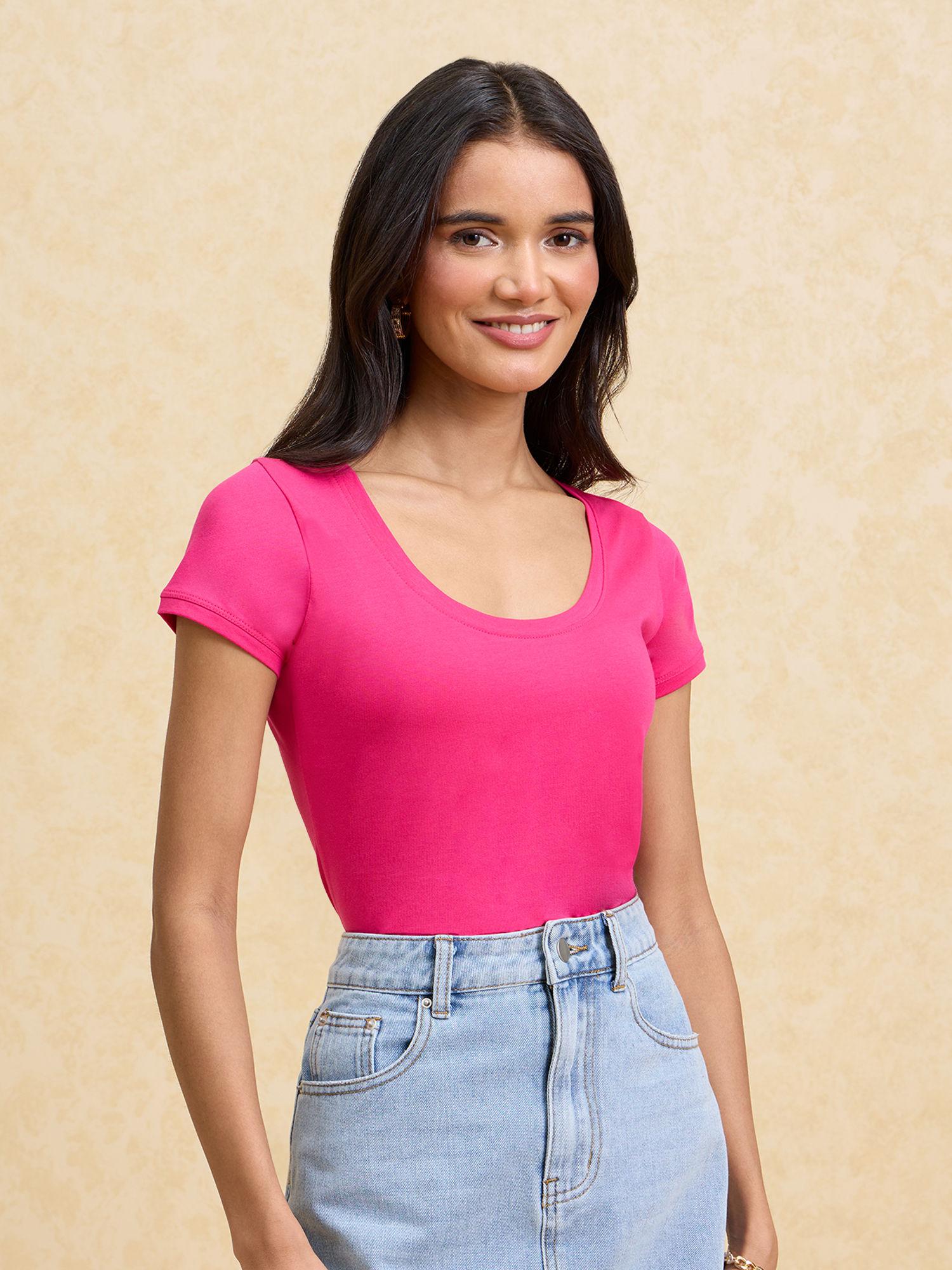 basics pink solid round neck fitted everyday essential t-shirt