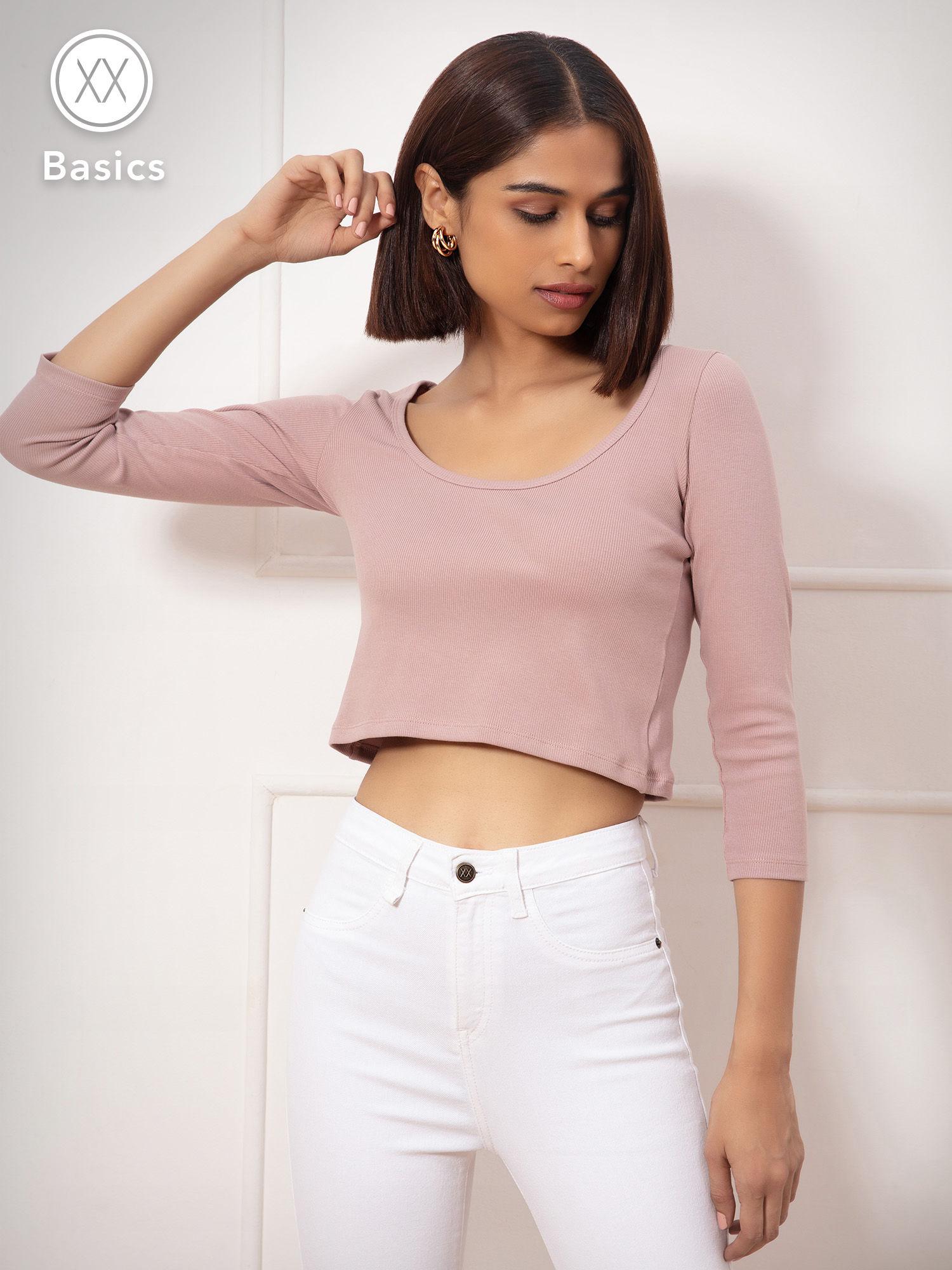 basics pink solid scoop neck cropped t shirt