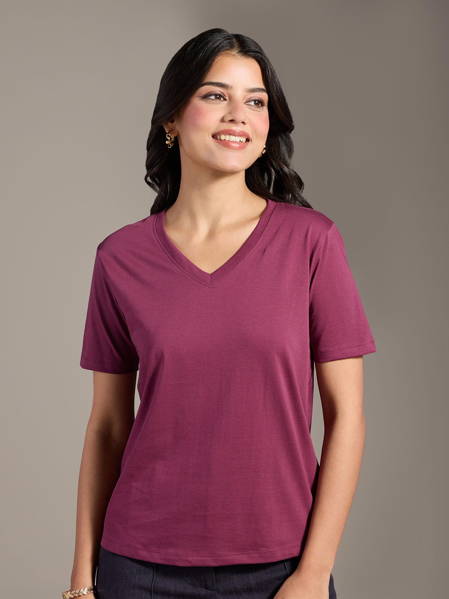 basics plum solid v neck short sleeves t-shirt