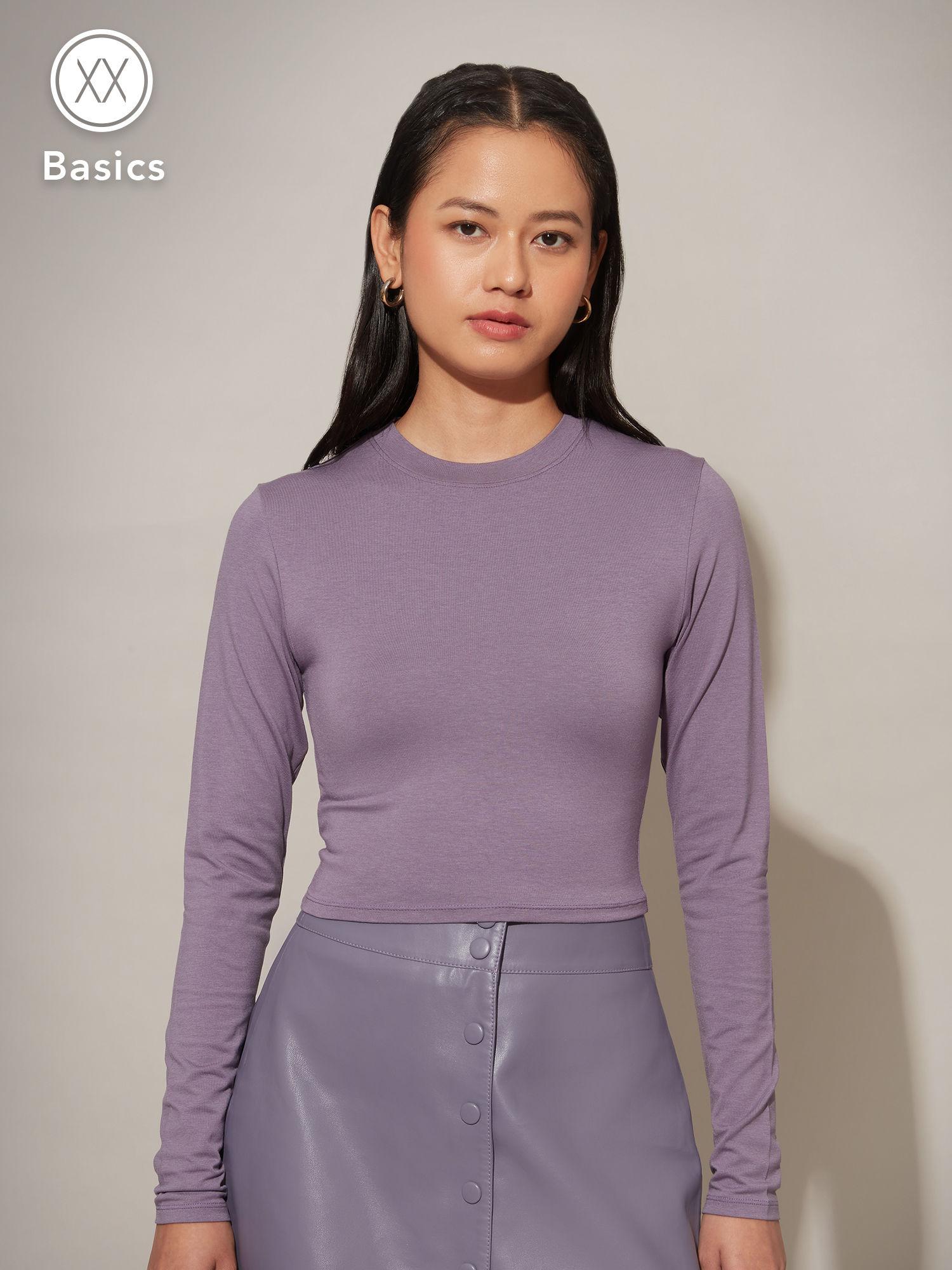 basics purple round neck crop t-shirt