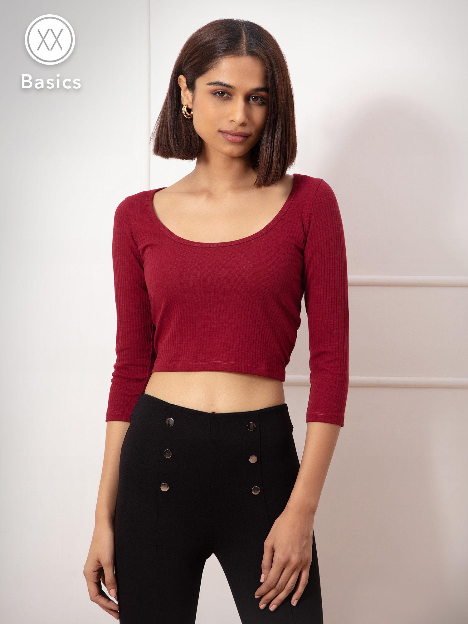 basics red solid scoop neck cropped t shirt