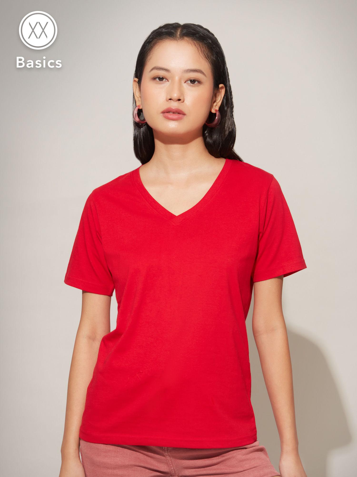 basics red solid v neck t-shirt