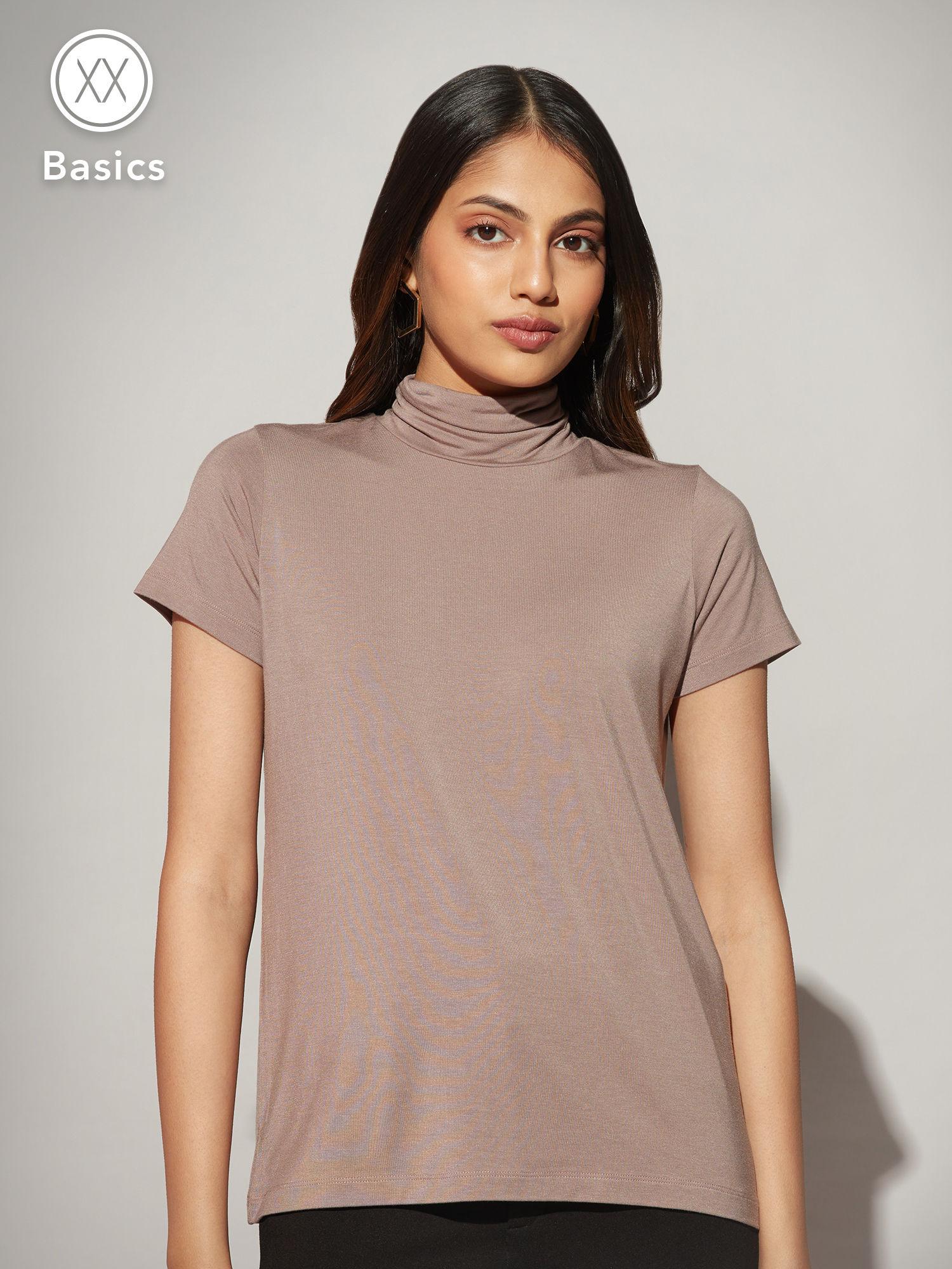 basics taupe high neck short sleeves t-shirt