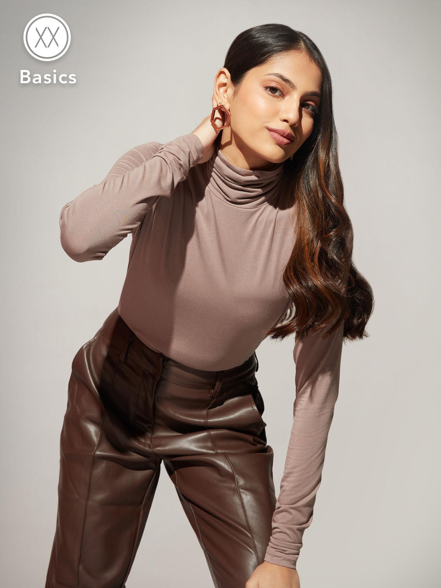 basics taupe solid high neck tshirt