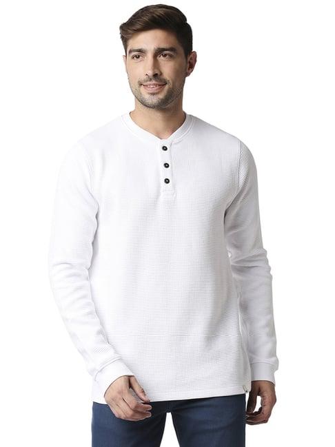 basics white cotton slim fit self pattern t-shirts