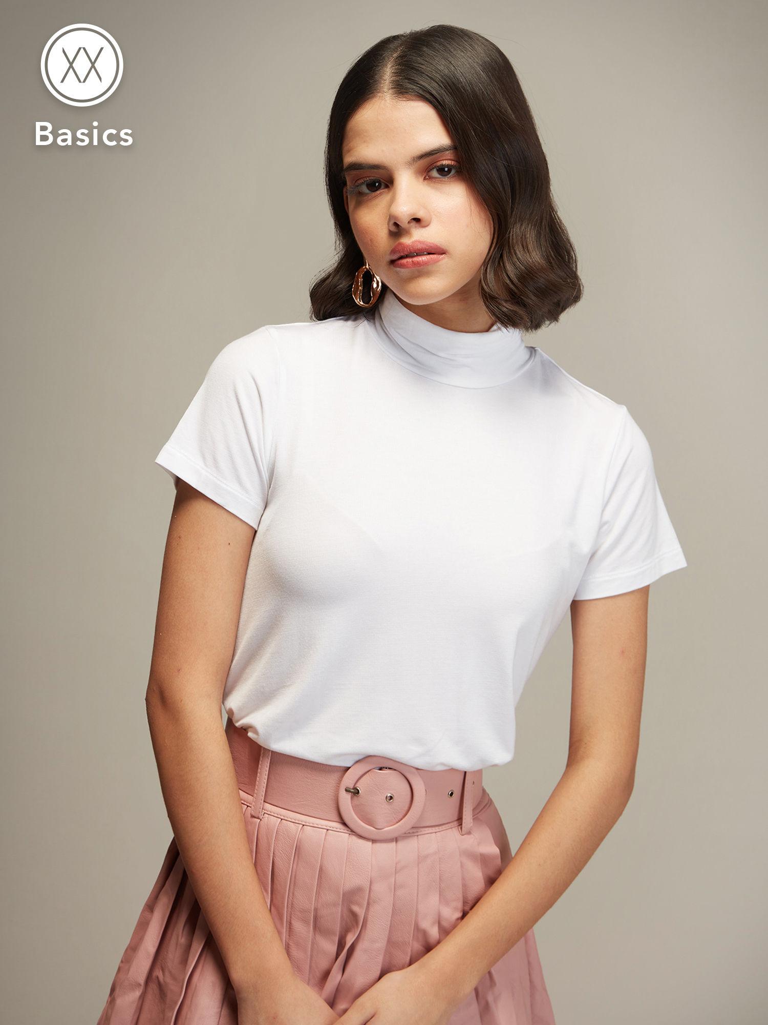 basics white high neck short sleeves t-shirt