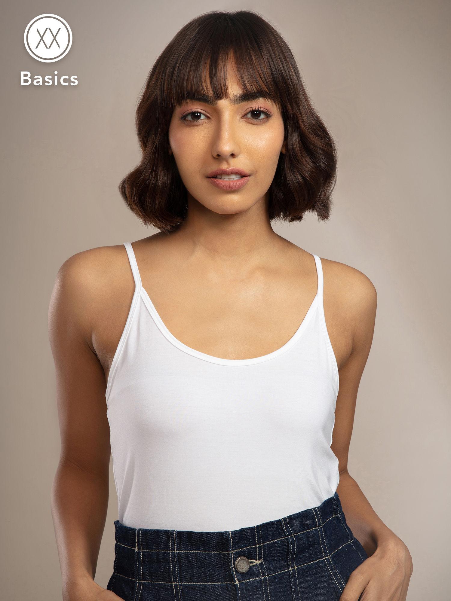 basics white solid shoulder straps t shirt