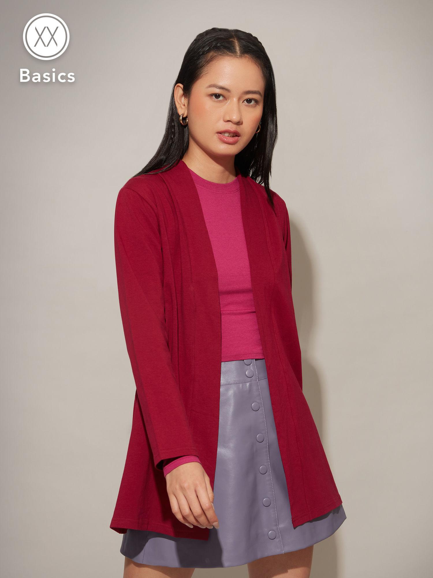 basics wine solid front open longline shrug