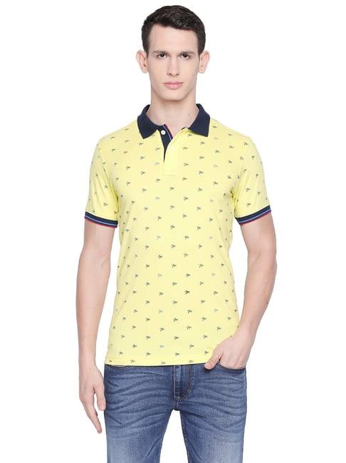 basics yellow cotton slim fit printed polo t-shirt