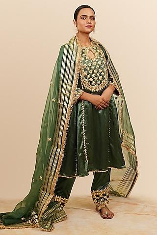 basil green mashru silk gota & sequins hand embroidered anarkali set