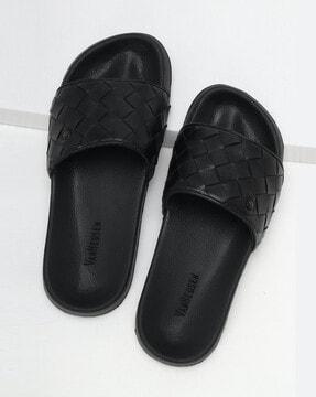 basket weave round-toe slides