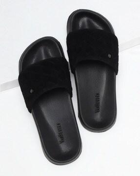 basket-weave round-toe slides