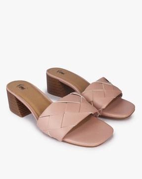 basket-weave slip-on block heeled sandals