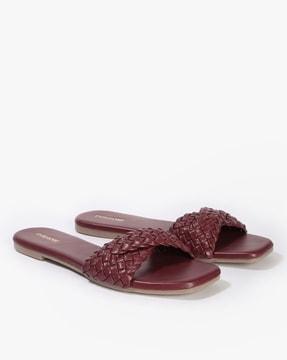 basket-weave strap slip-on sandals