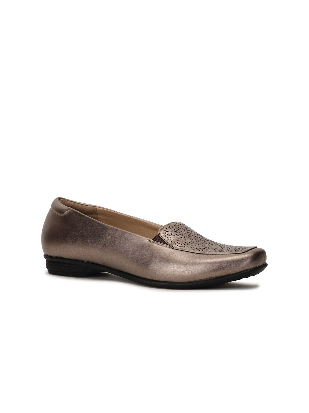 bata women gunmetal-toned textured leather party ballerinas with laser cuts flats