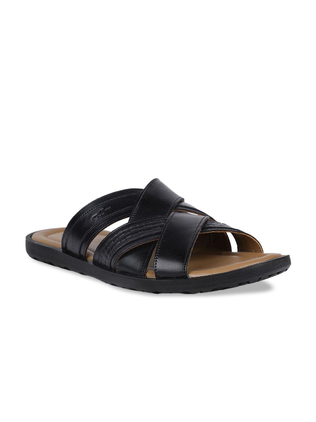 bata men black solid leather comfort sandals