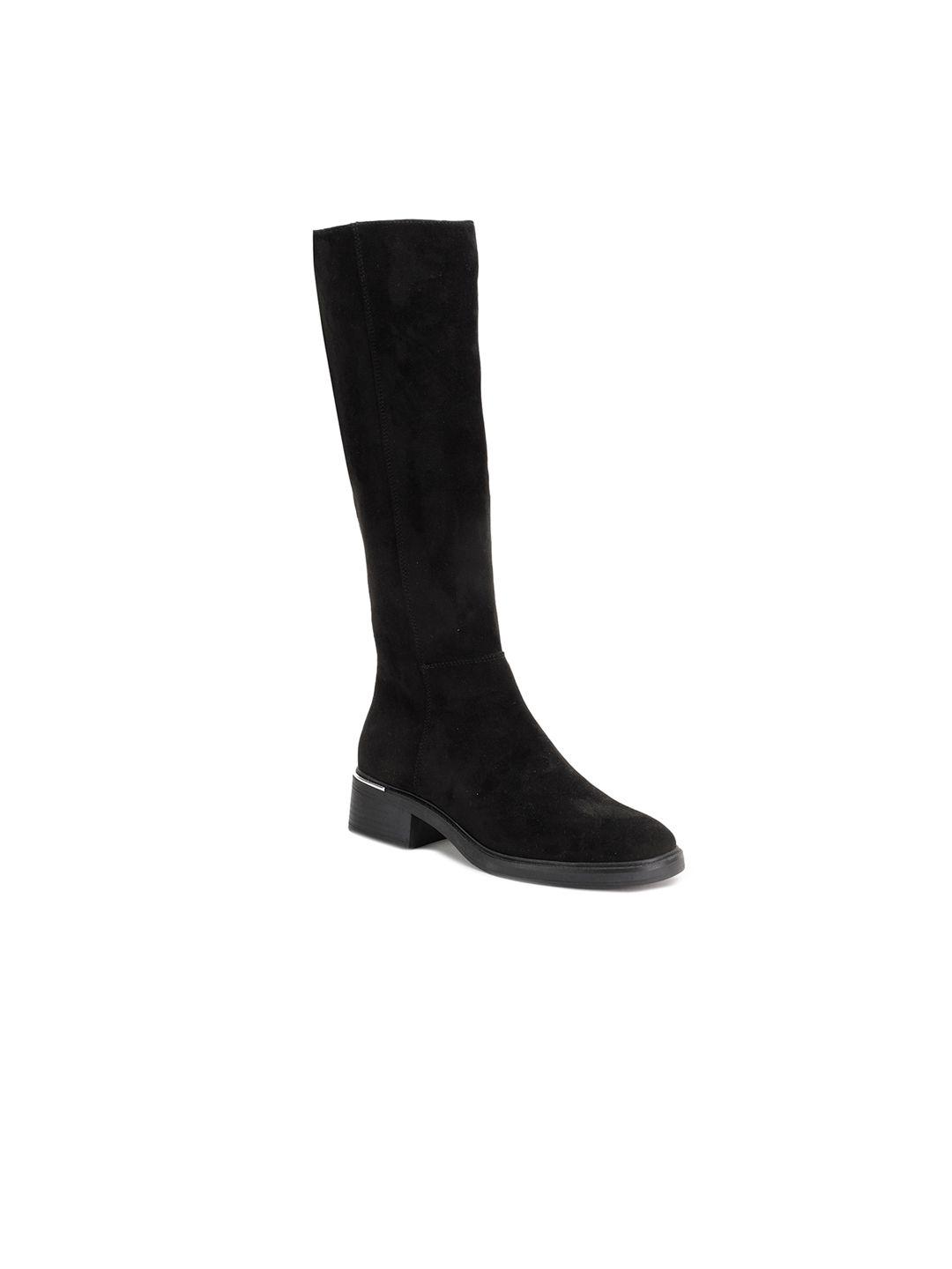 bata women black solid pu winter block boots