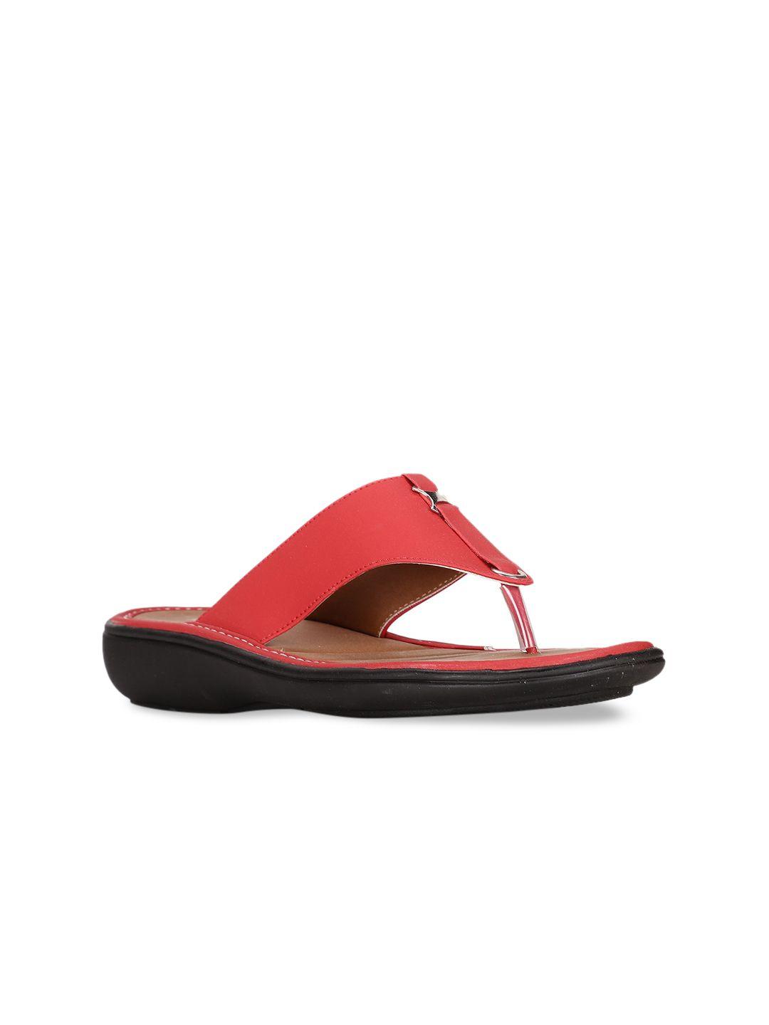 bata women red solid t-strap flats