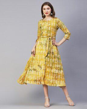 batik print a-line dress with waist belt