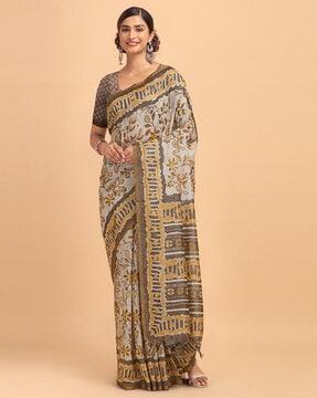 batik print cotton saree with tassels