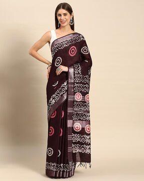 batik print saree with tassels