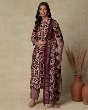 batik print straight kurta with pants & dupatta