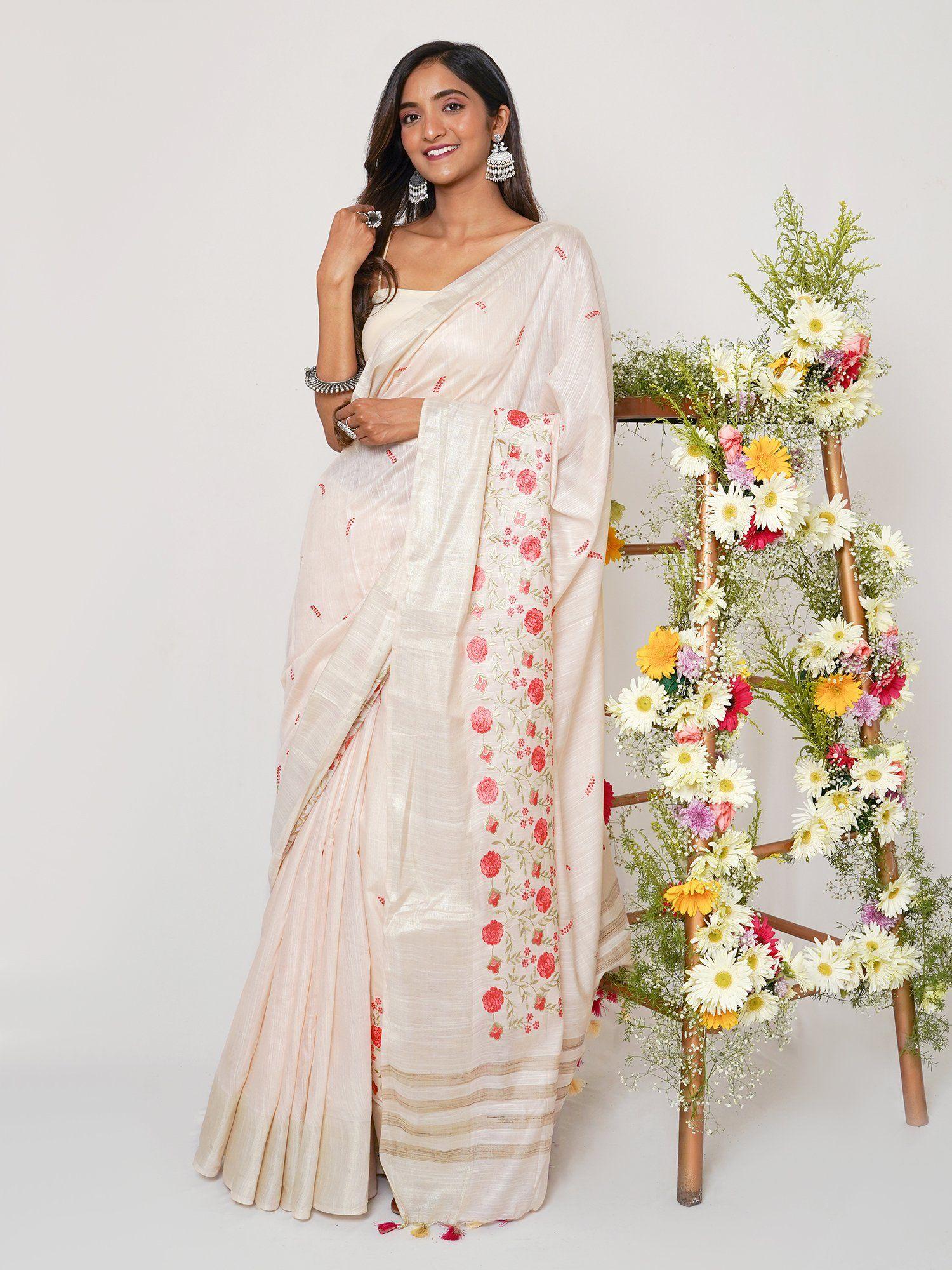 batika off white pure silk linen saree with unstitched blouse